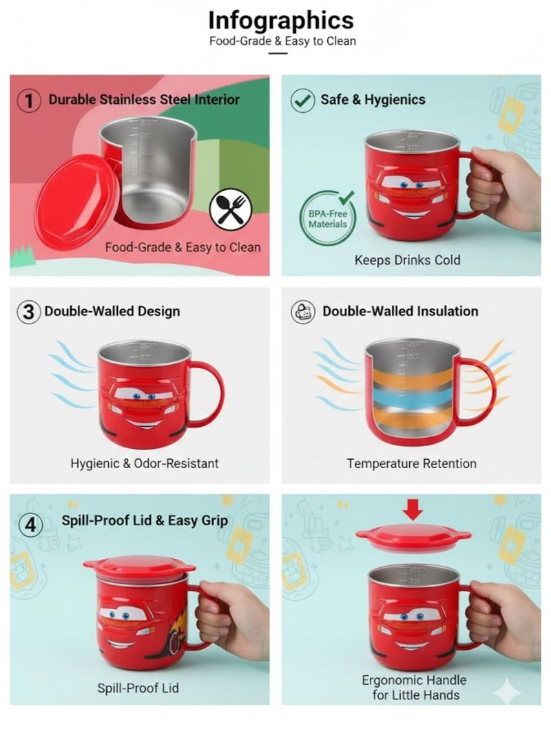 Disney Kids Stainless Steel Drinking Mug with Lid – Cartoon Design | Double Wall Insulated Cup for Hot & Cold Drinks | Leak-Resistant, Safe & Durable Children Mug (Mcqueen) - Image 5